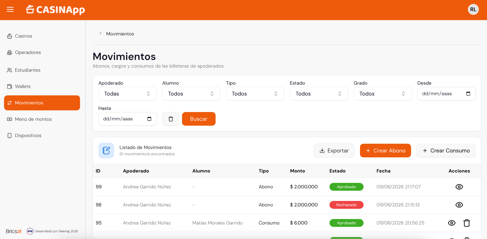 Panel real de administración Casinapp