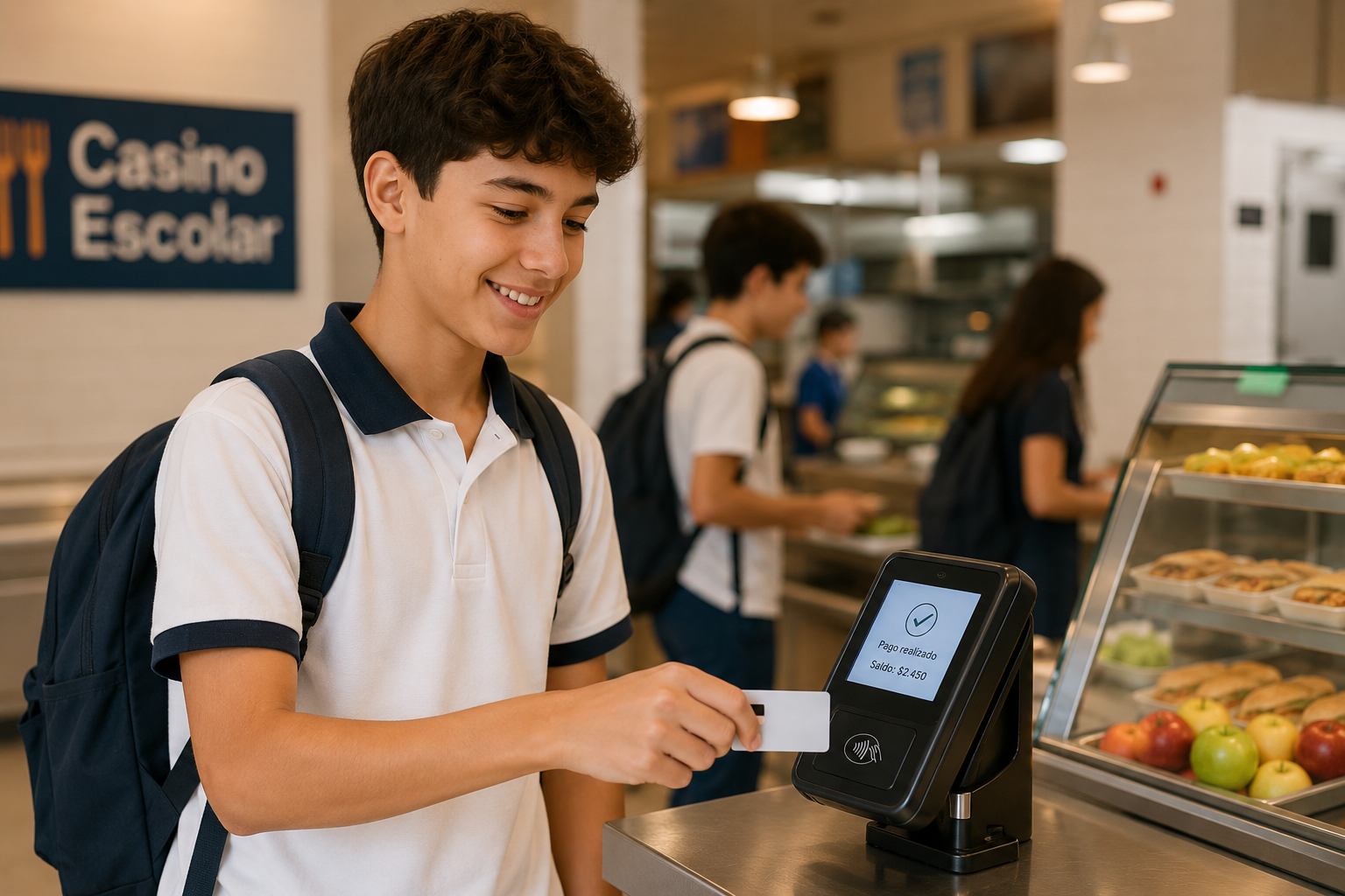 Estudiante usando tarjeta RFID en casino escolar